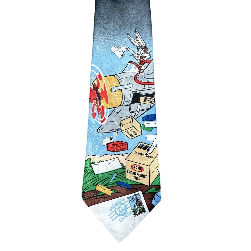 Vintage 1997 Looney Tunes Bugs Bunny Airmail Pilot USPS Stamp Collection Tie NEW